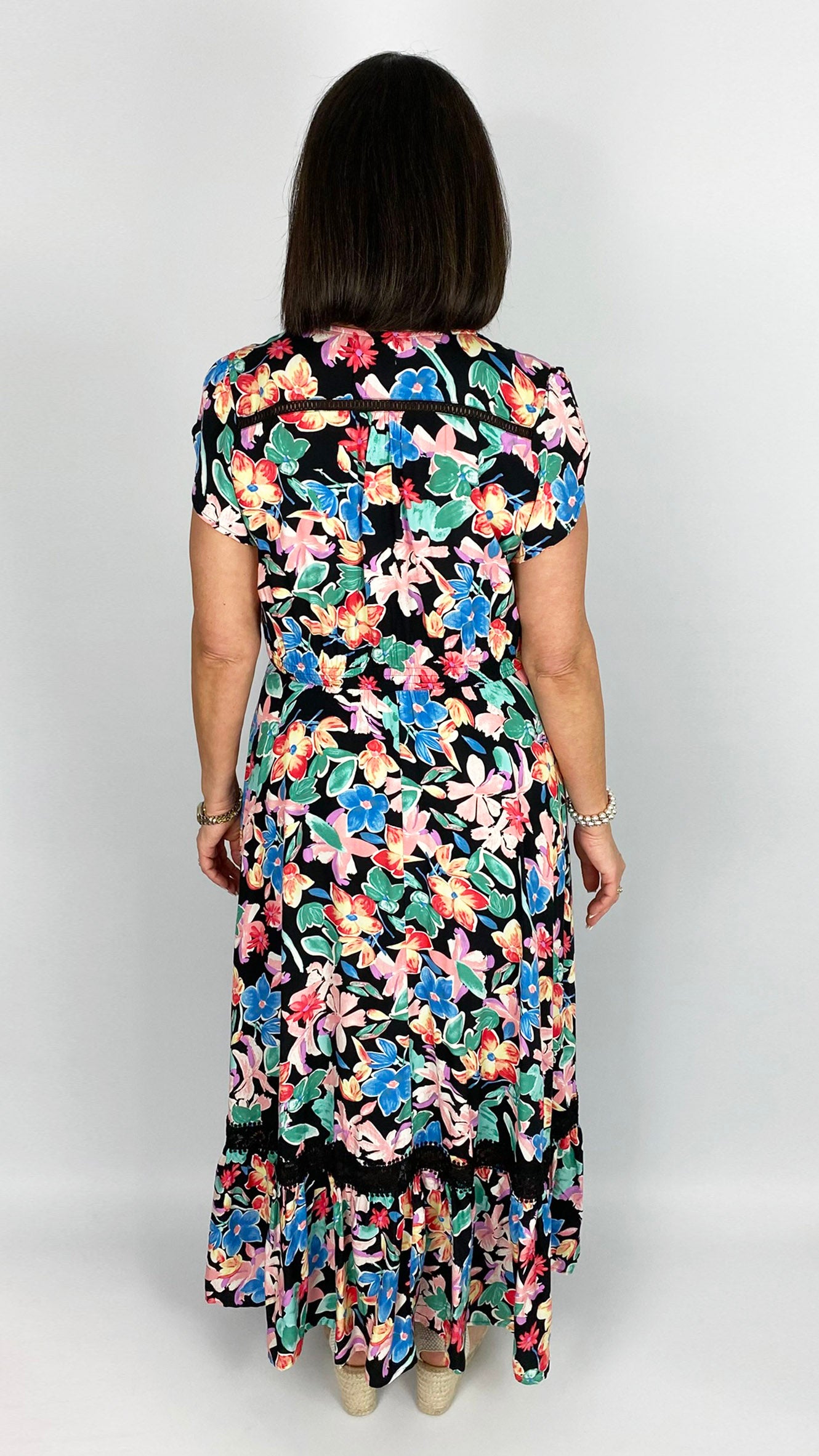 Button-through v-neck frill-sleeve print maxi dress | Multi Floral
