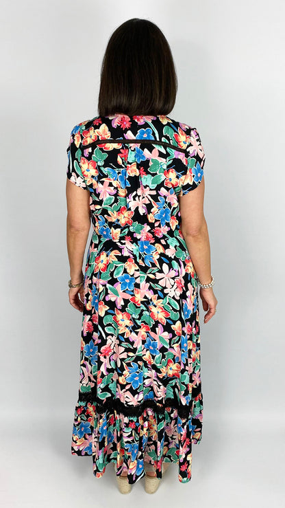 Button-through v-neck frill-sleeve print maxi dress | Multi Floral