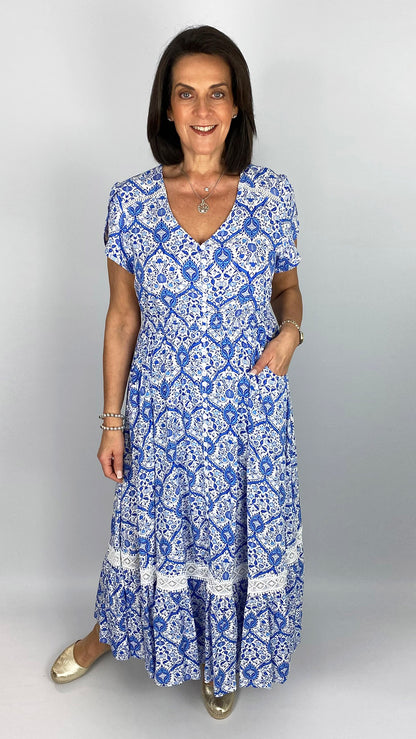 Button-through v-neck frill-sleeve print maxi dress | China Blue