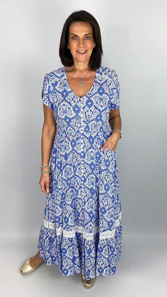 Button-through v-neck frill-sleeve print maxi dress | China Blue