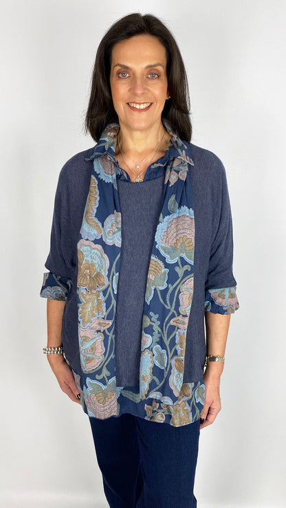 Double layered print blouse & light knit top w/ scarf | 3 Colours