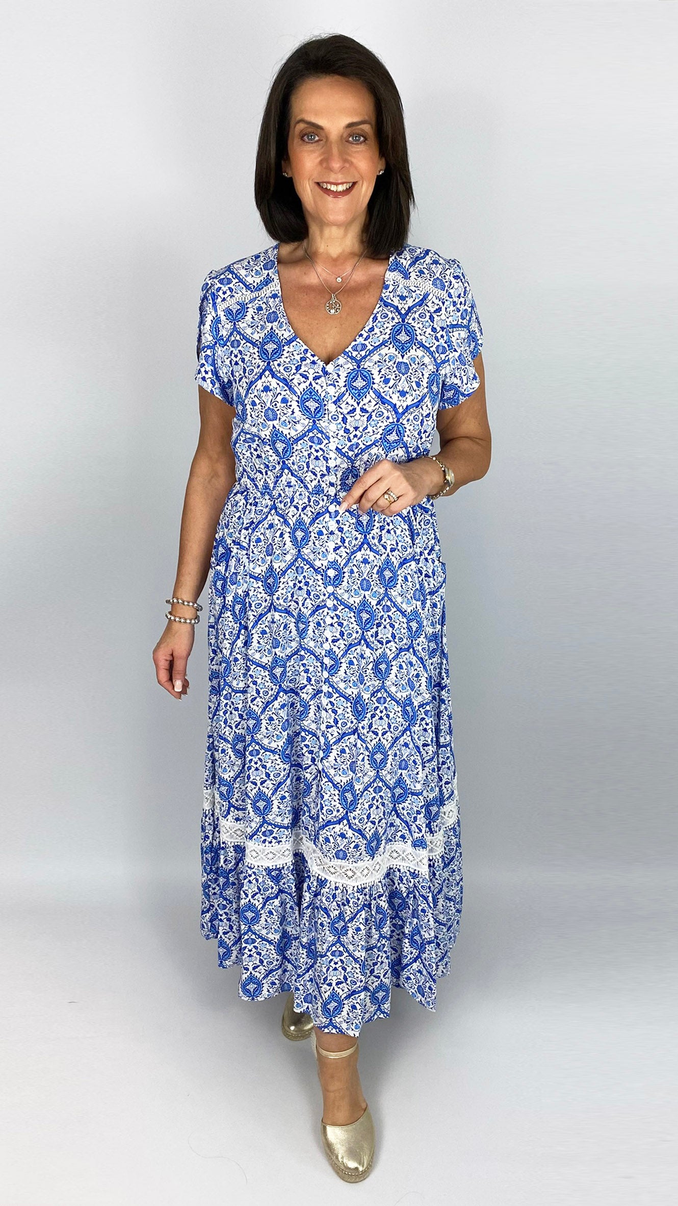 Button-through v-neck frill-sleeve print maxi dress | China Blue