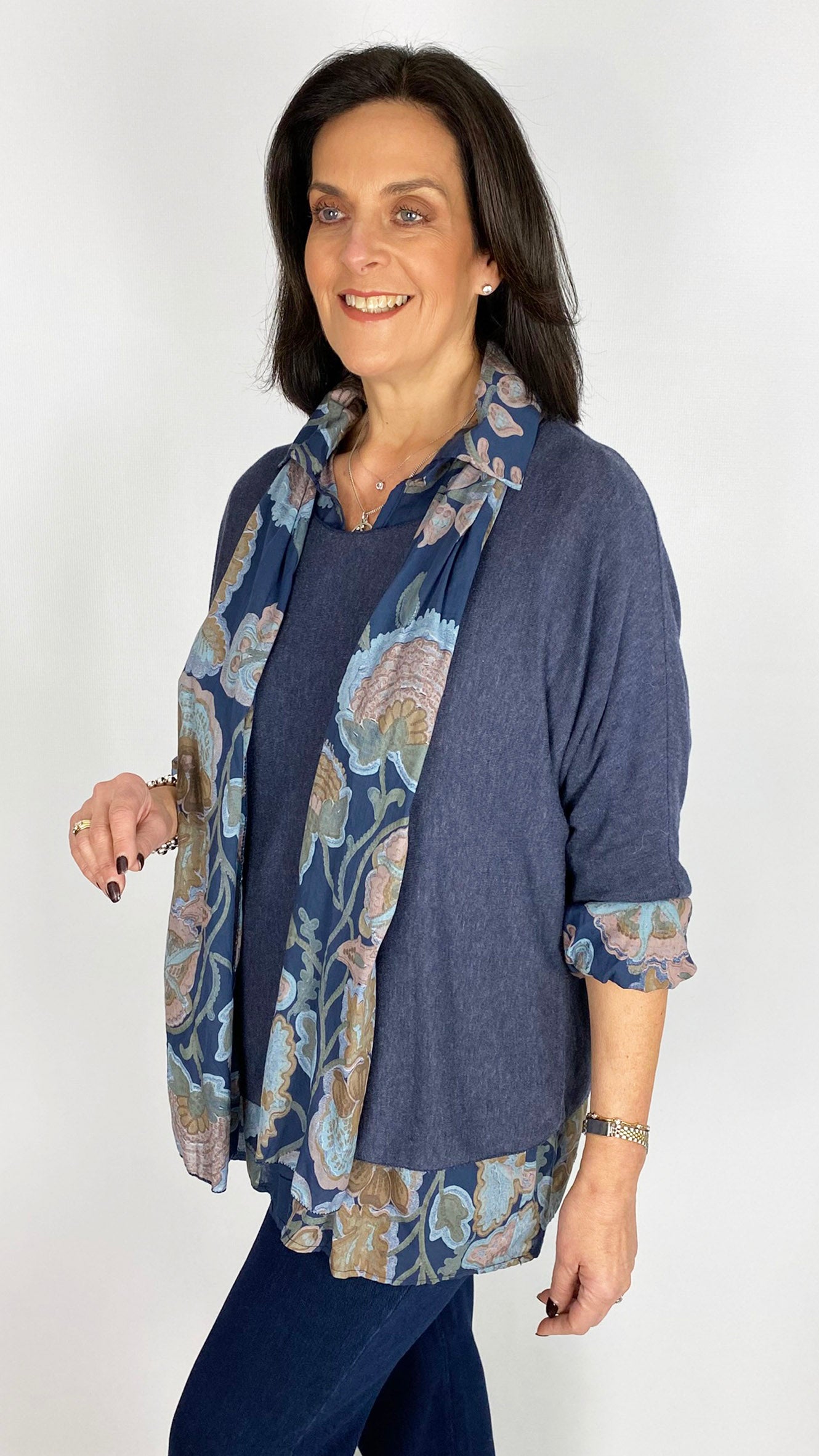 Double layered print blouse & light knit top w/ scarf | 3 Colours