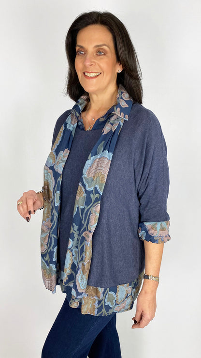 Double layered print blouse & light knit top w/ scarf | 3 Colours