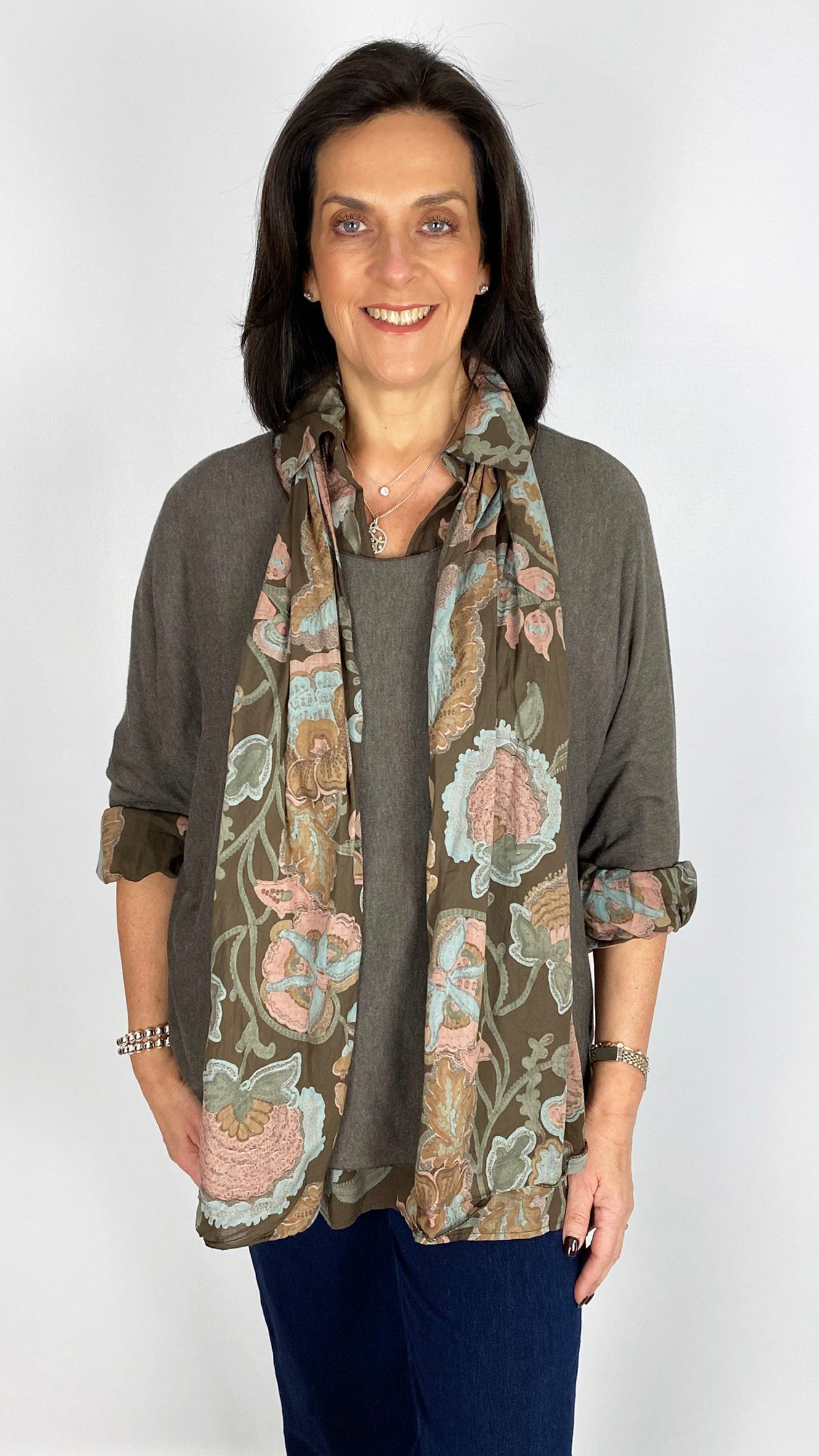 Double layered print blouse & light knit top w/ scarf | 3 Colours