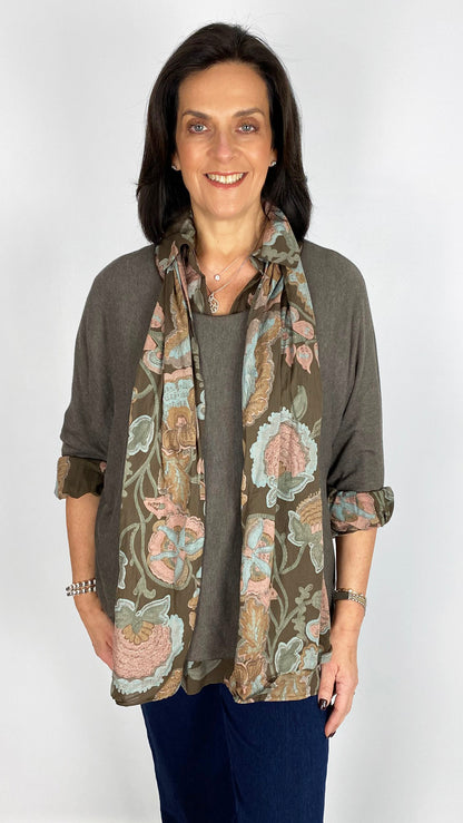 Double layered print blouse & light knit top w/ scarf | 3 Colours