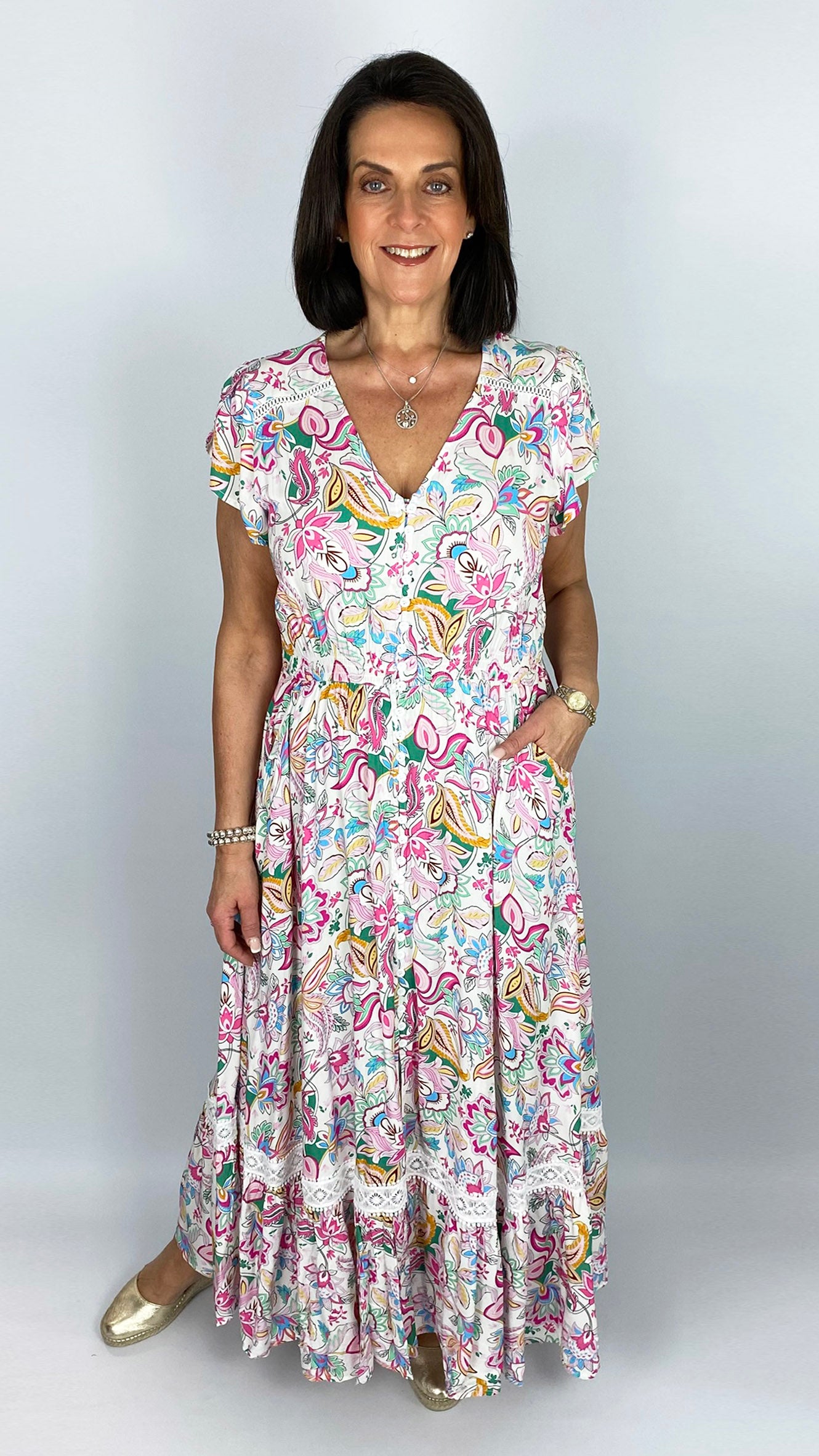 Button-through v-neck frill-sleeve print maxi dress | Pink Floral