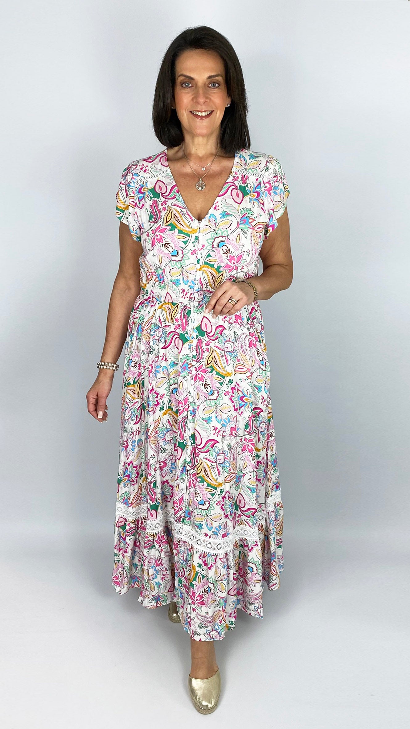Button-through v-neck frill-sleeve print maxi dress | Pink Floral