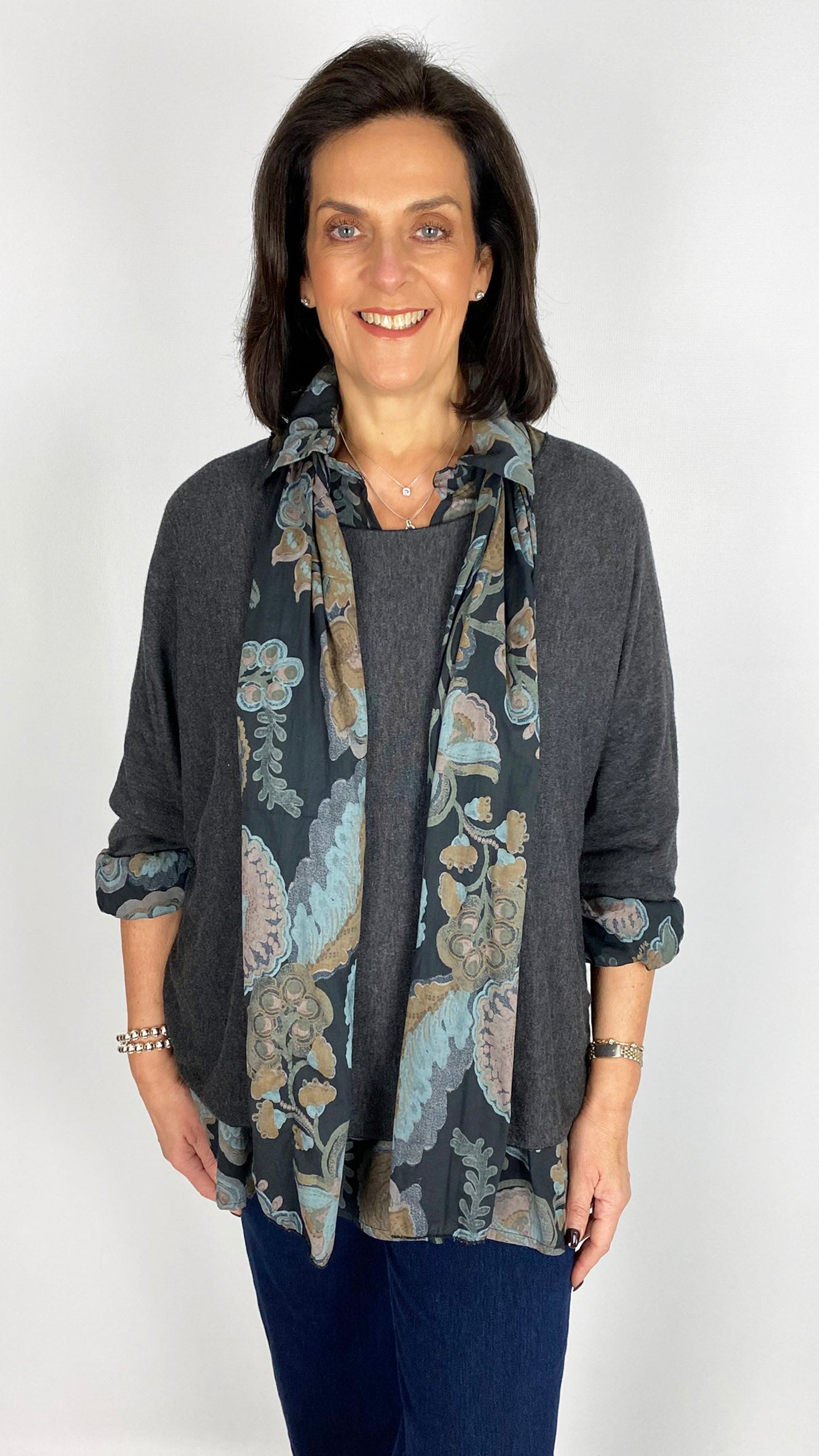 Double layered print blouse & light knit top w/ scarf | 3 Colours