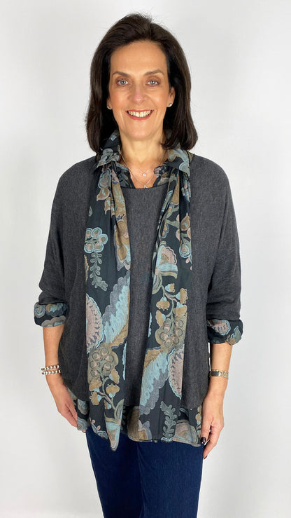 Double layered print blouse & light knit top w/ scarf | 3 Colours