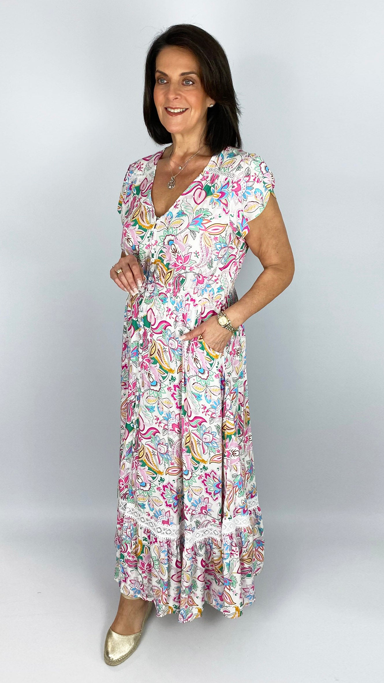 Button-through v-neck frill-sleeve print maxi dress | Pink Floral
