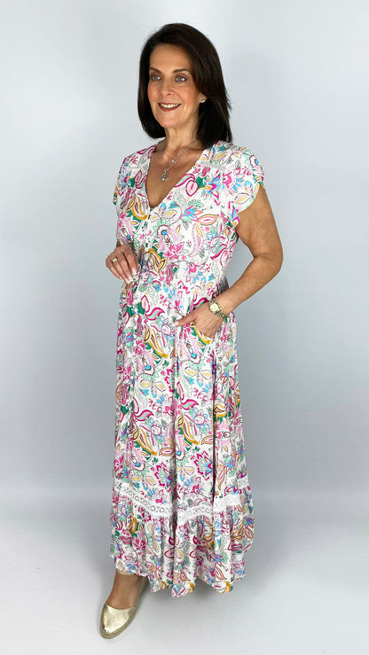 Button-through v-neck frill-sleeve print maxi dress | Pink Floral