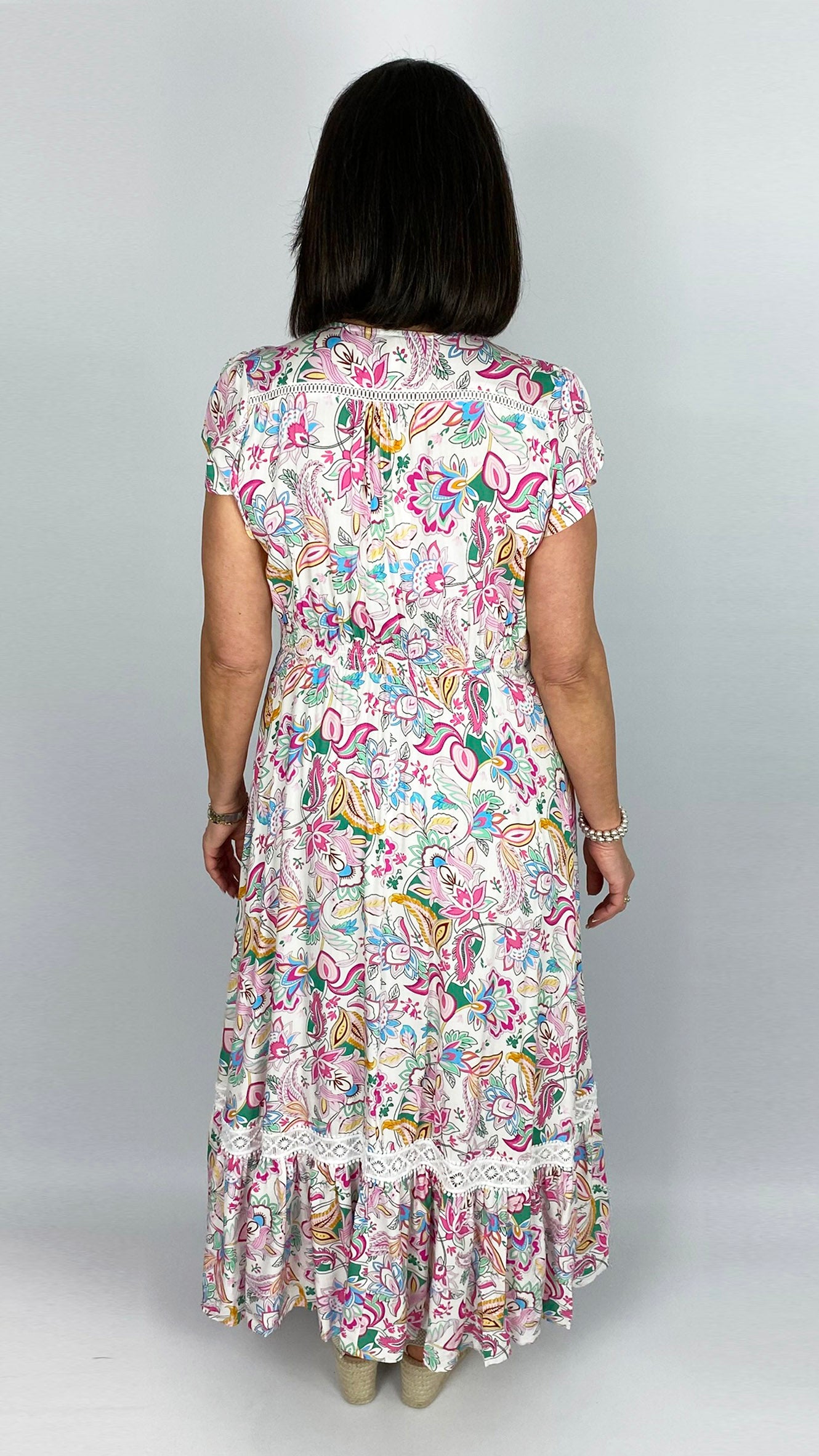 Button-through v-neck frill-sleeve print maxi dress | Pink Floral