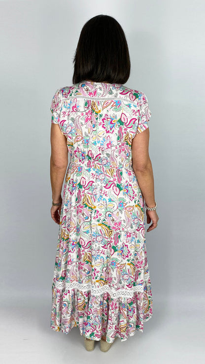Button-through v-neck frill-sleeve print maxi dress | Pink Floral