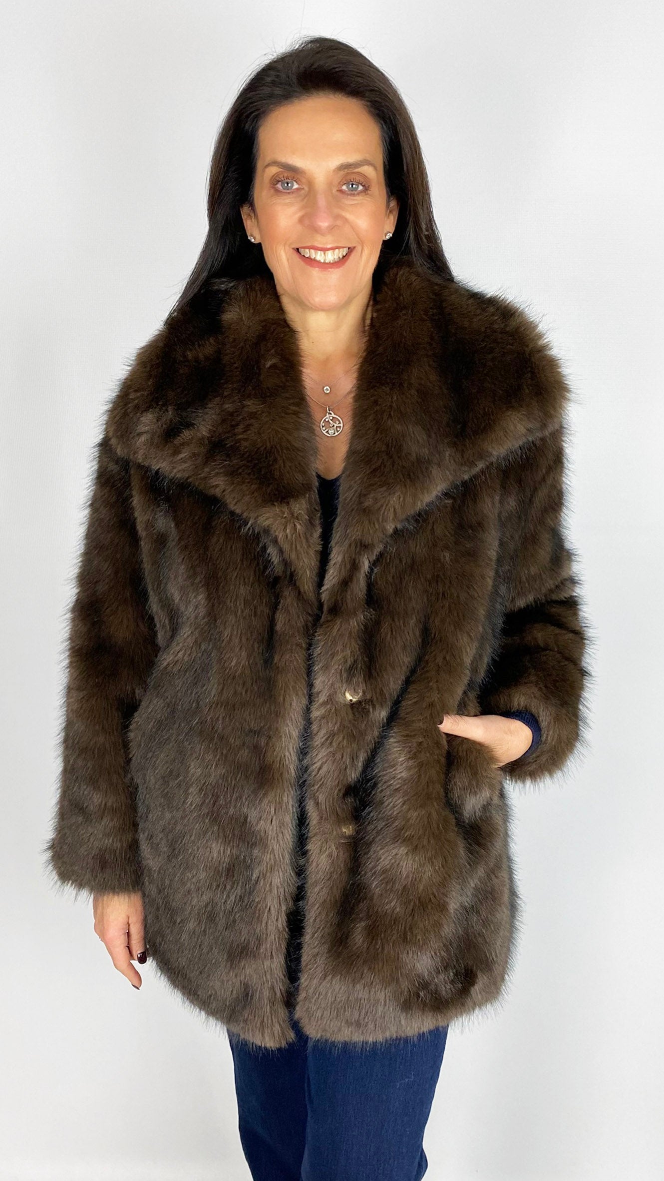 Faux fur statement collar midi coat | Chocolate