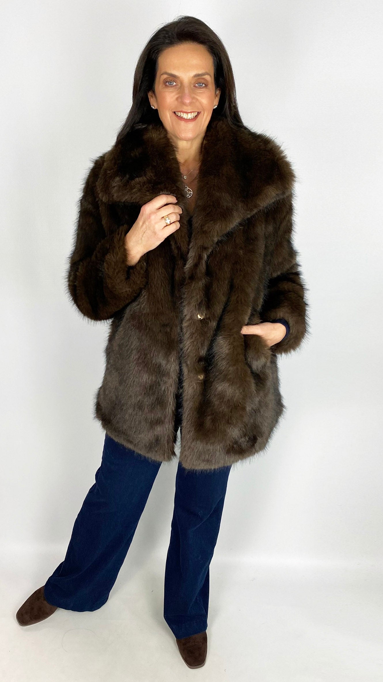 Faux fur statement collar midi coat | Chocolate