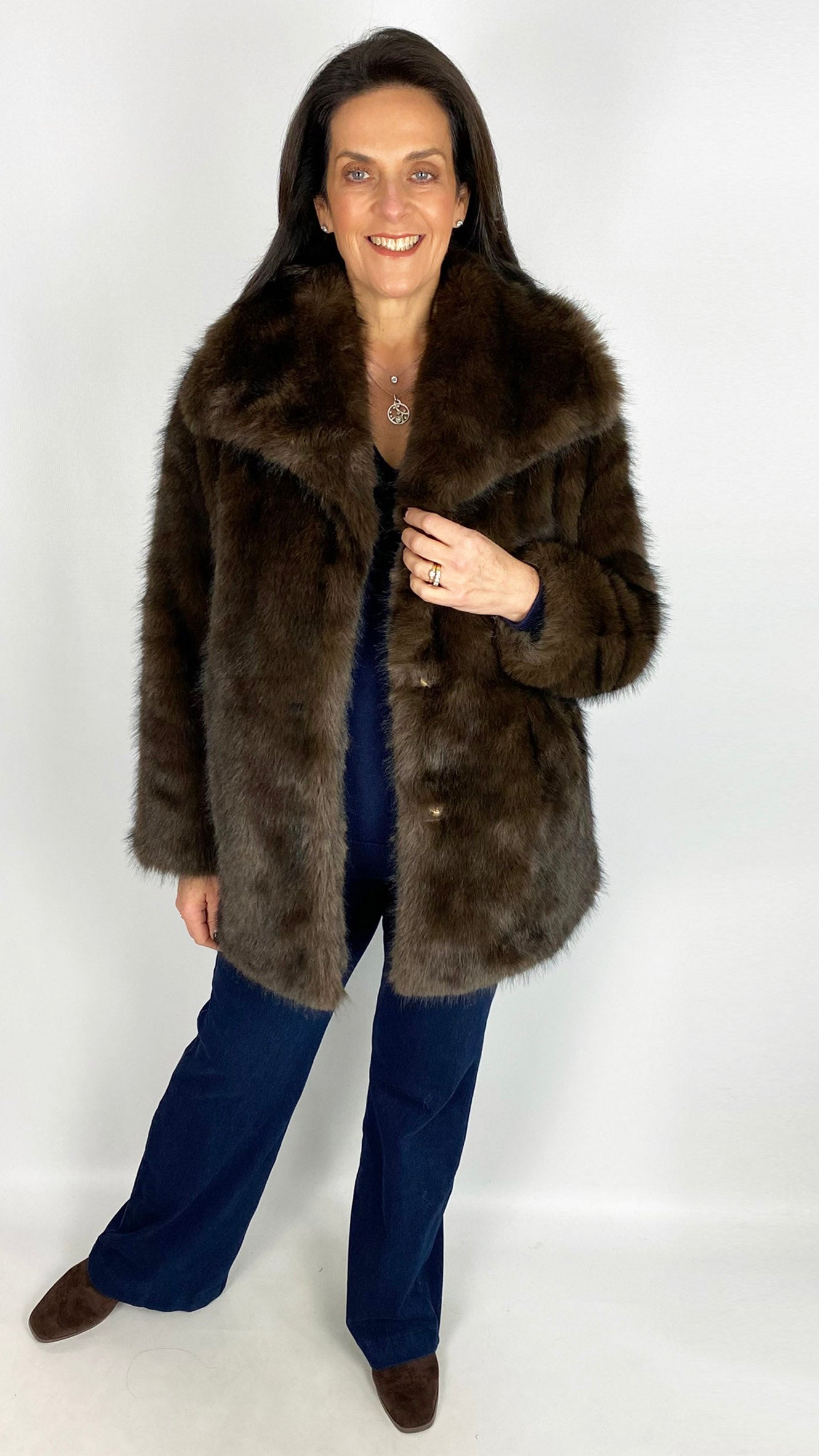 Faux fur statement collar midi coat | Chocolate