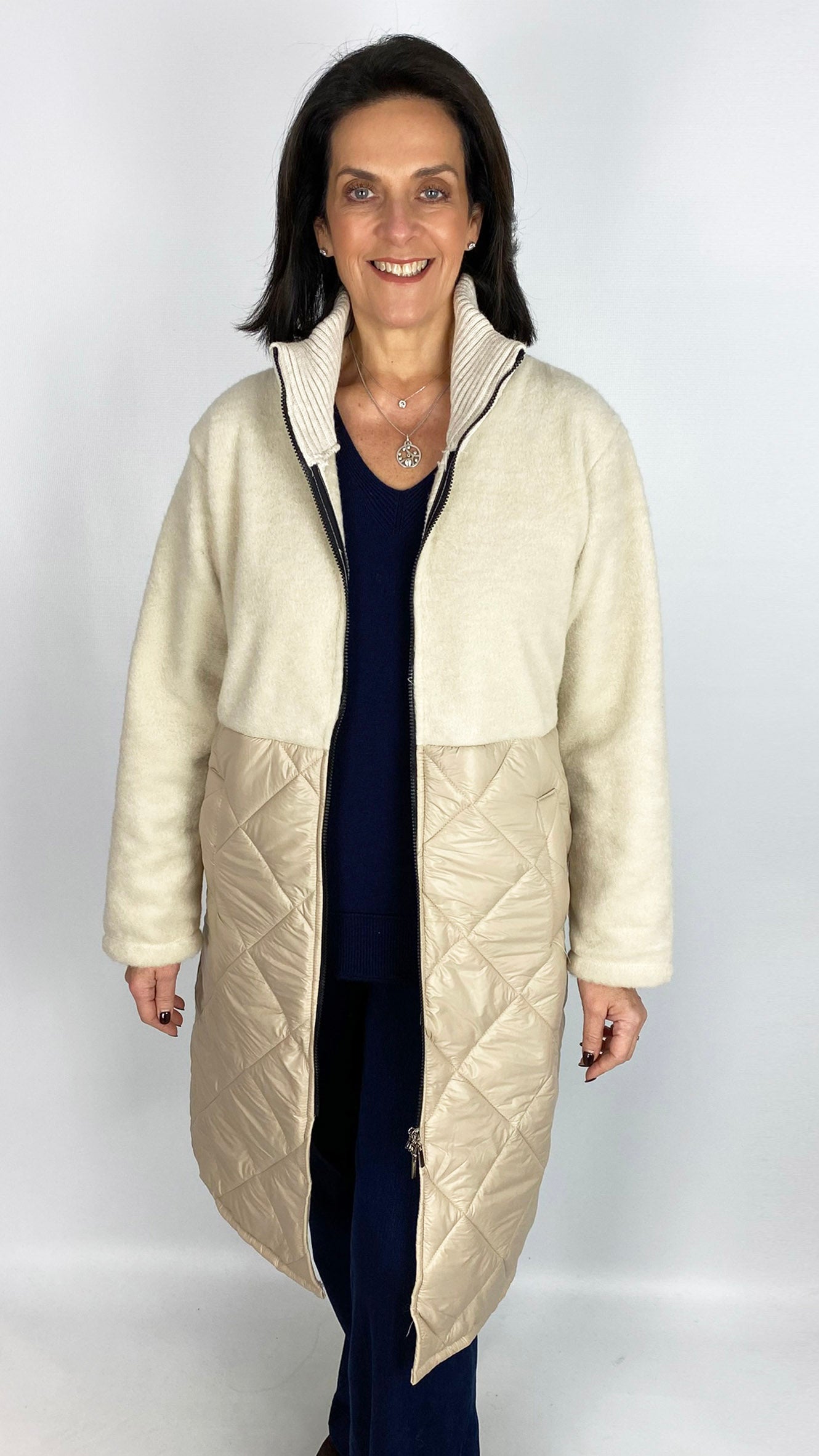 Half quilted zip-up longline jacket | Chocolate