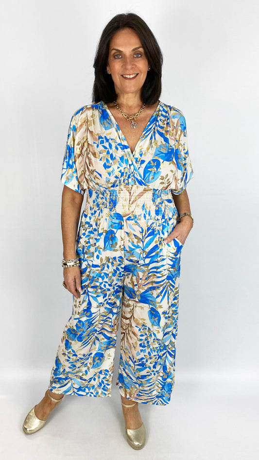 Crease-free crossover jumpsuit | 4 Gold-enhanced prints