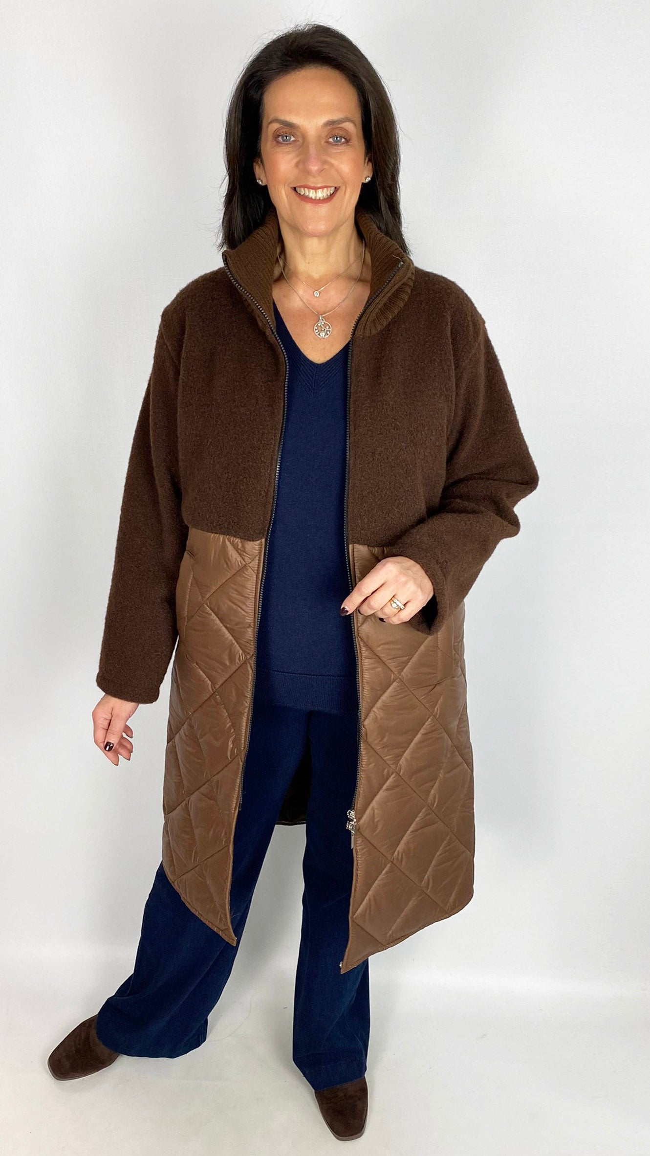 Half quilted zip-up longline jacket | Chocolate
