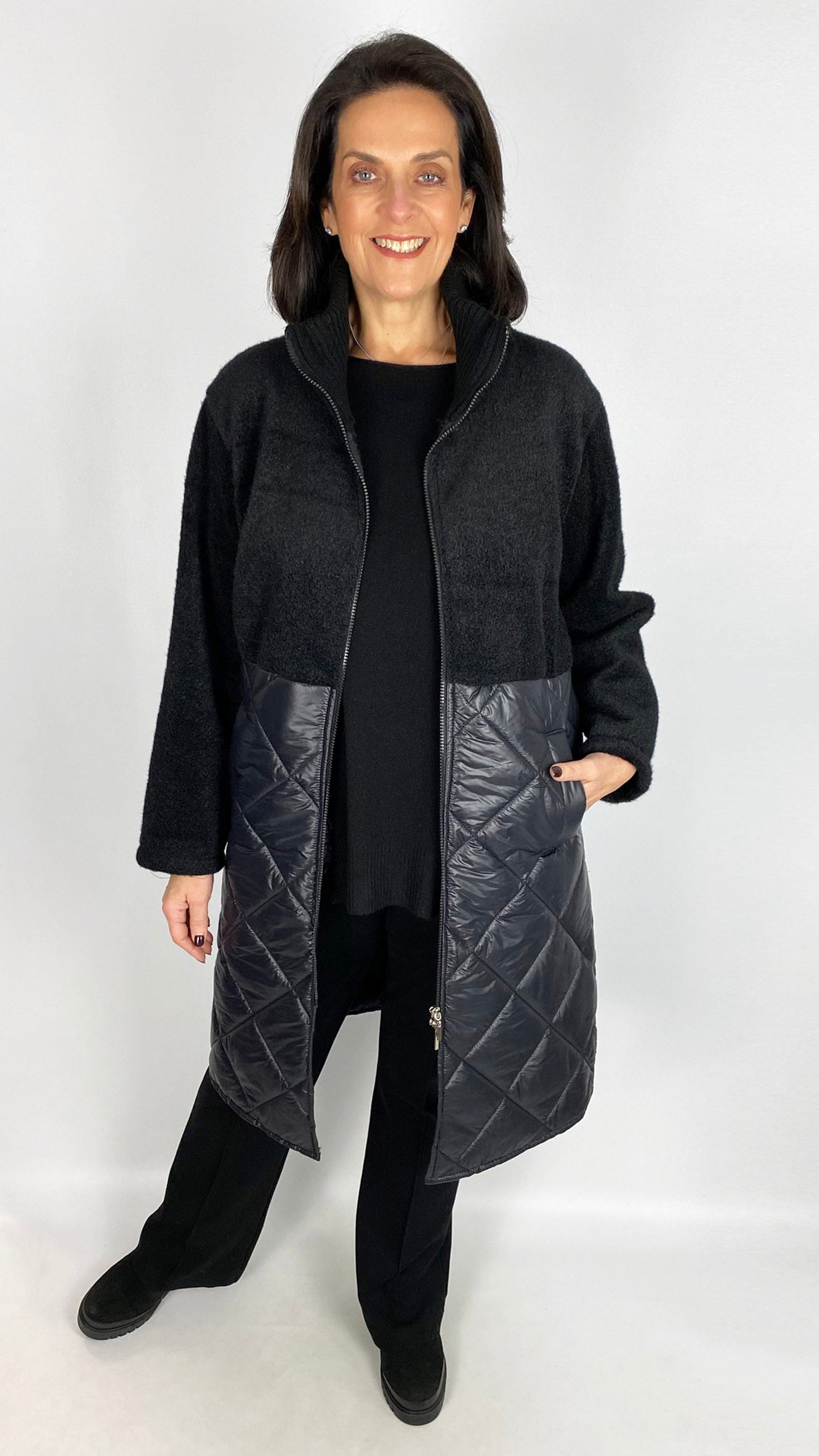 Half quilted zip-up longline jacket | Chocolate