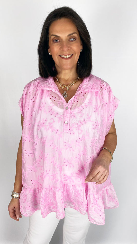 Broderie anglaise collar & button v-neck top | 5 Colours