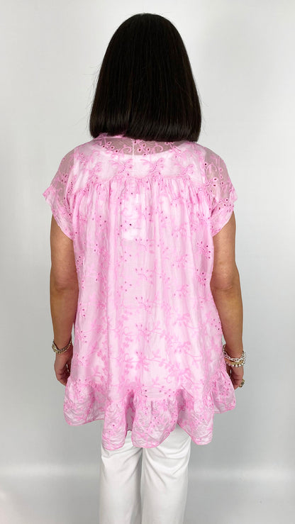 Broderie anglaise collar & button v-neck top | 5 Colours