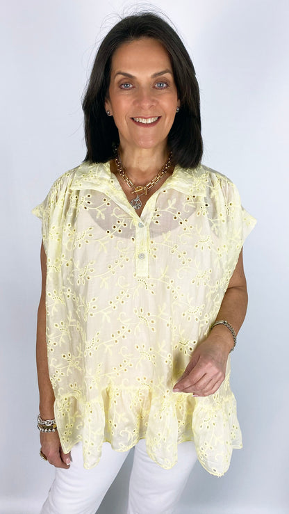 Broderie anglaise collar & button v-neck top | 5 Colours