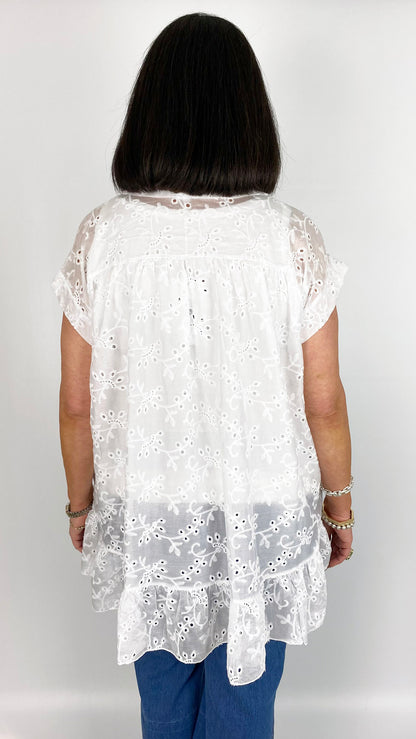 Broderie anglaise collar & button v-neck top | 5 Colours