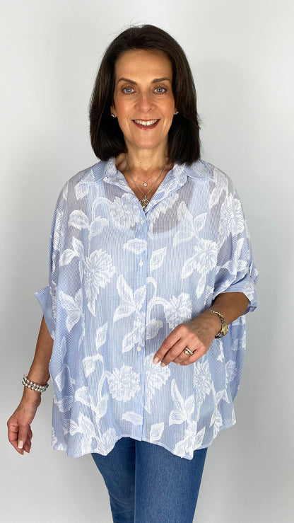 Oversized pinstripe & fine embroidery cotton shirt | by Goa | 2 Colours