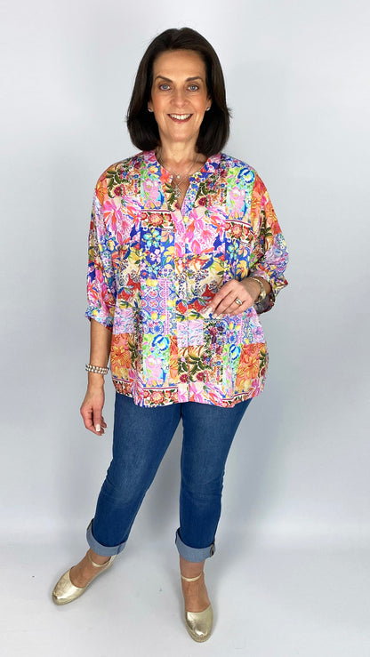 Oversized bright multi print button-through collarless shirt