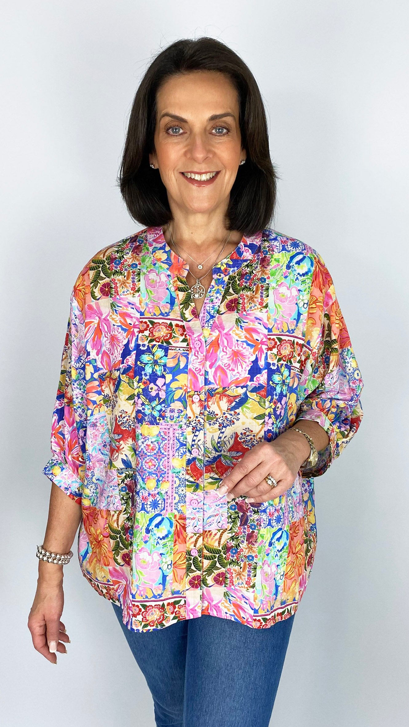 Oversized bright multi print button-through collarless shirt