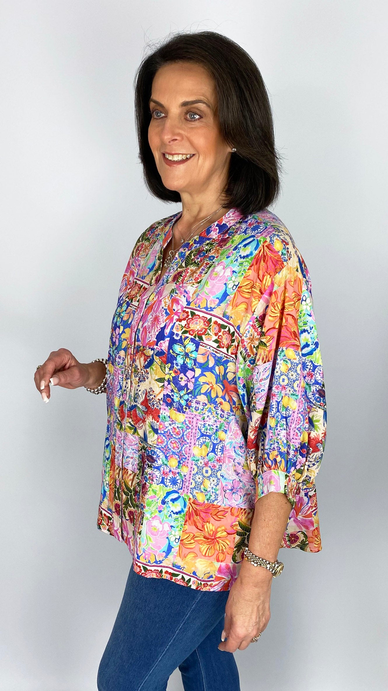 Oversized bright multi print button-through collarless shirt