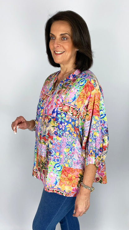 Oversized bright multi print button-through collarless shirt
