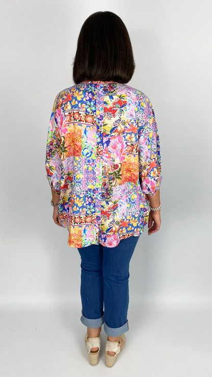 Oversized bright multi print button-through collarless shirt