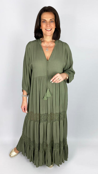 Crochet panel v-neck tiered dress | by Goa | 2 Colours