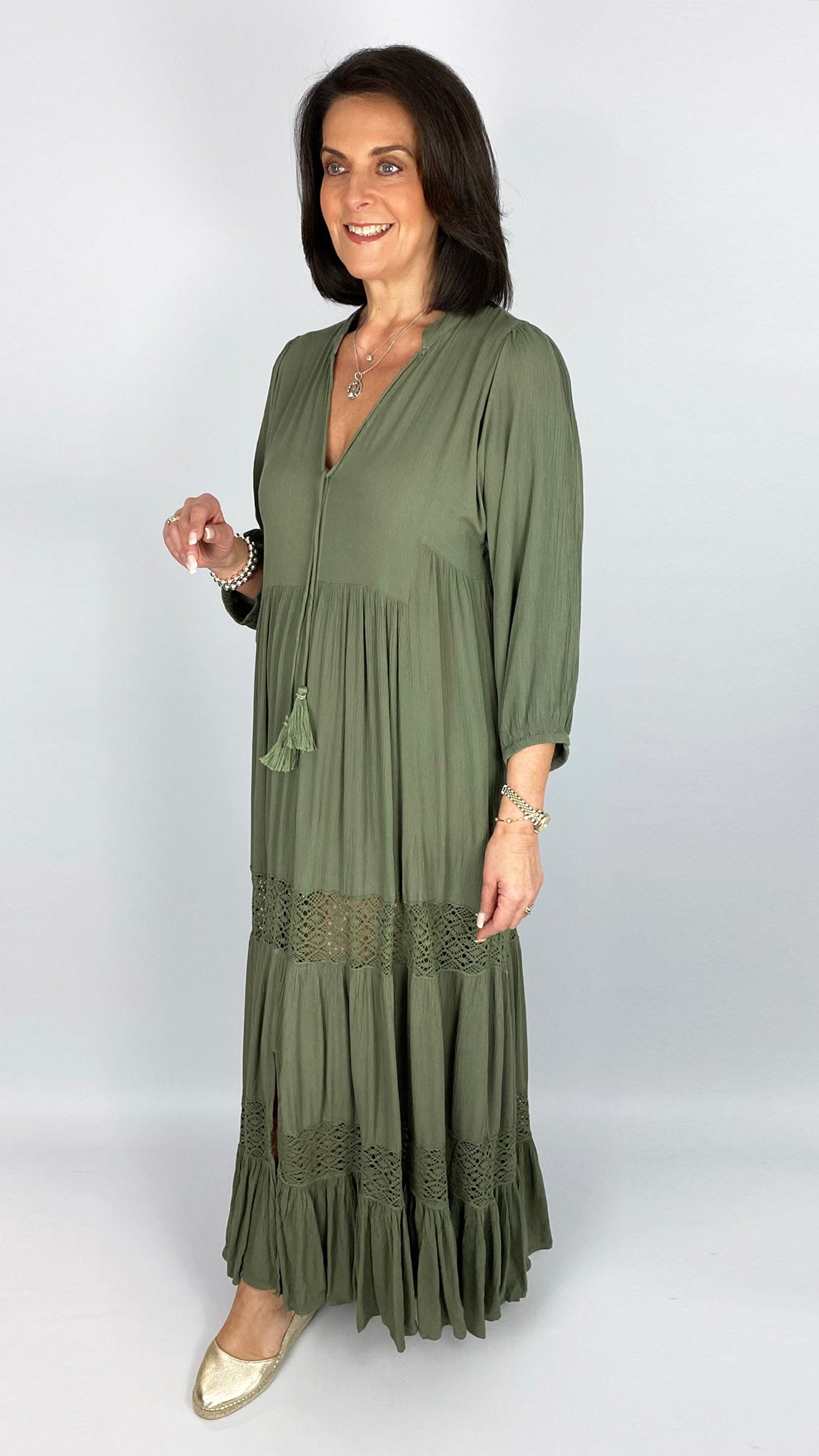 Crochet panel v-neck tiered dress | by Goa | 2 Colours