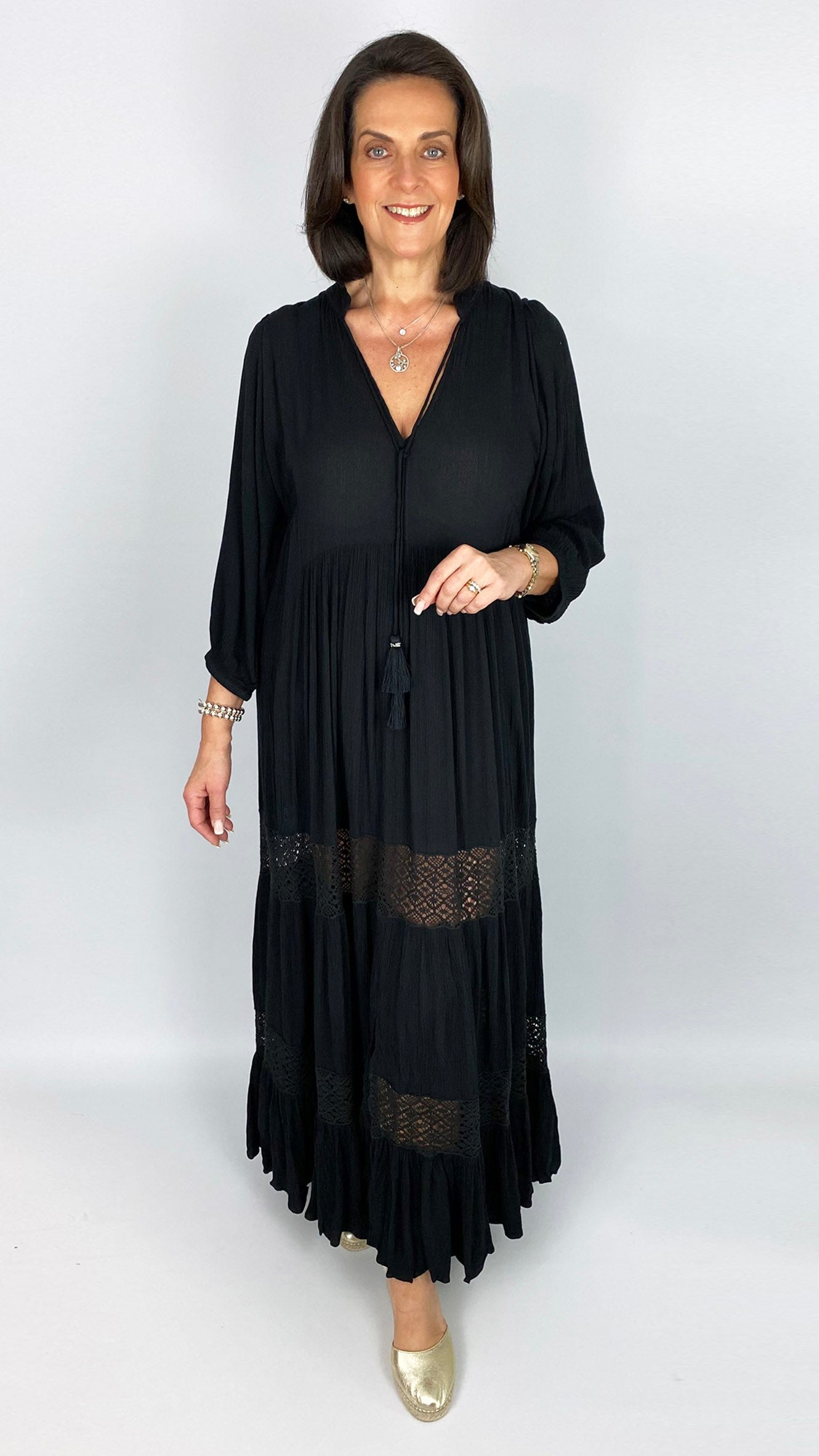 Crochet panel v-neck tiered dress | by Goa | 2 Colours