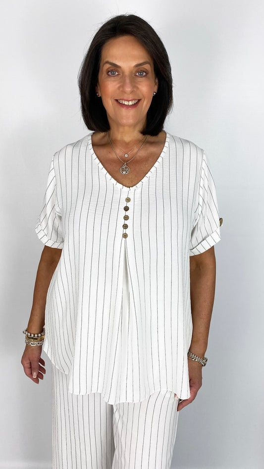 5-button pinstripe V-neck top | 4 Colours