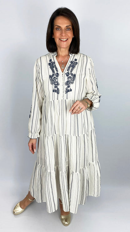 Cotton half button embroidered tiered dress | by Goa | Off-White/Navy