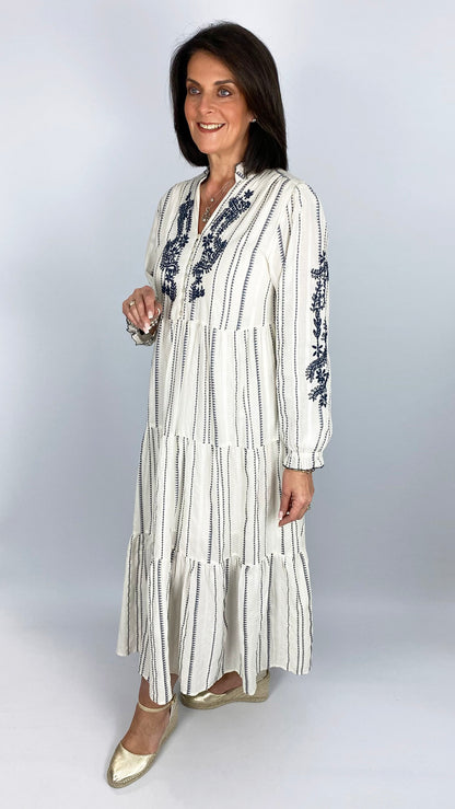 Cotton half button embroidered tiered dress | by Goa | Off-White/Navy