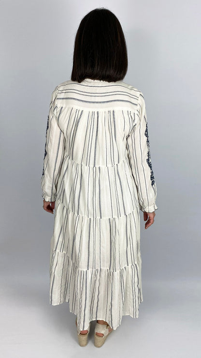 Cotton half button embroidered tiered dress | by Goa | Off-White/Navy
