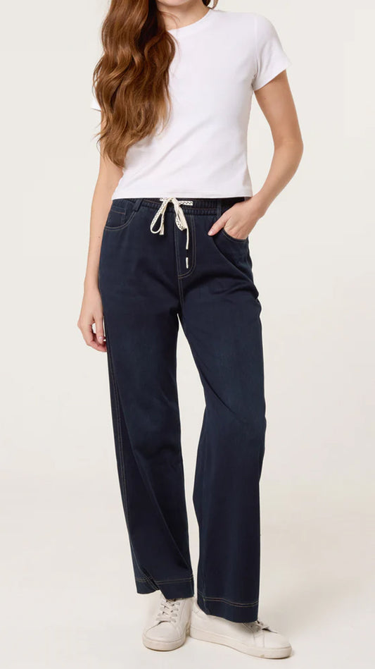 Lightweight drawstring waist pull-on pants | Dark Indigo