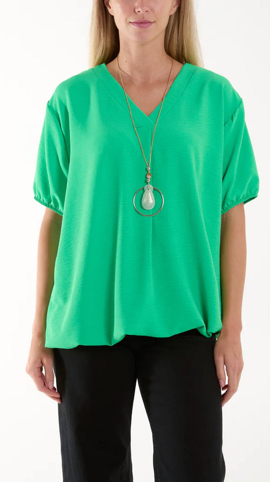 Bubble hem V-neck top w/ necklace (6 Colours)