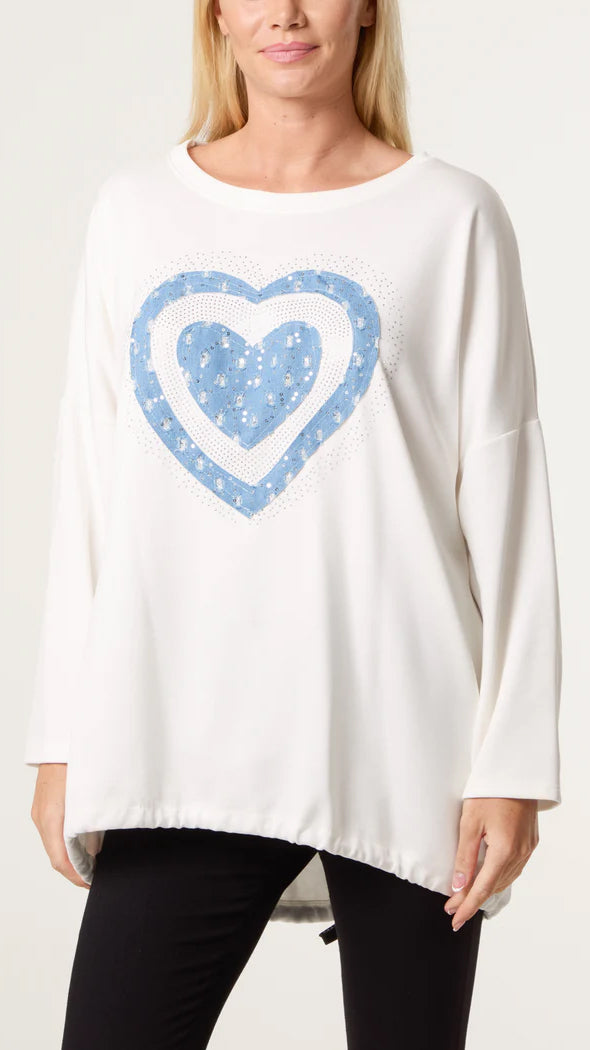 Denim & embellished heart motif sweatshirt | 5 Colours