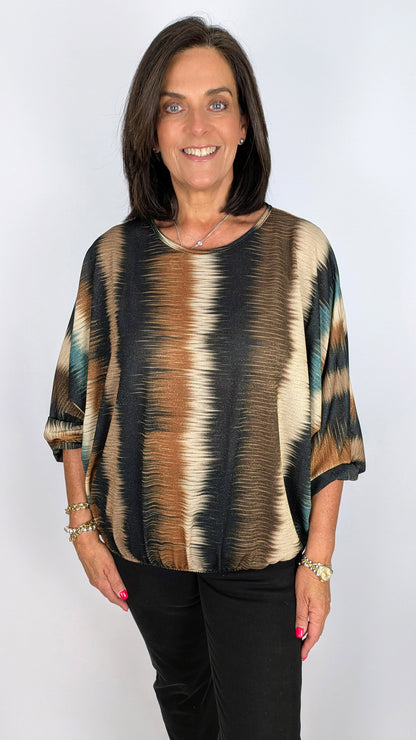 Transition stripe gathered hem LS top | 2 Colours