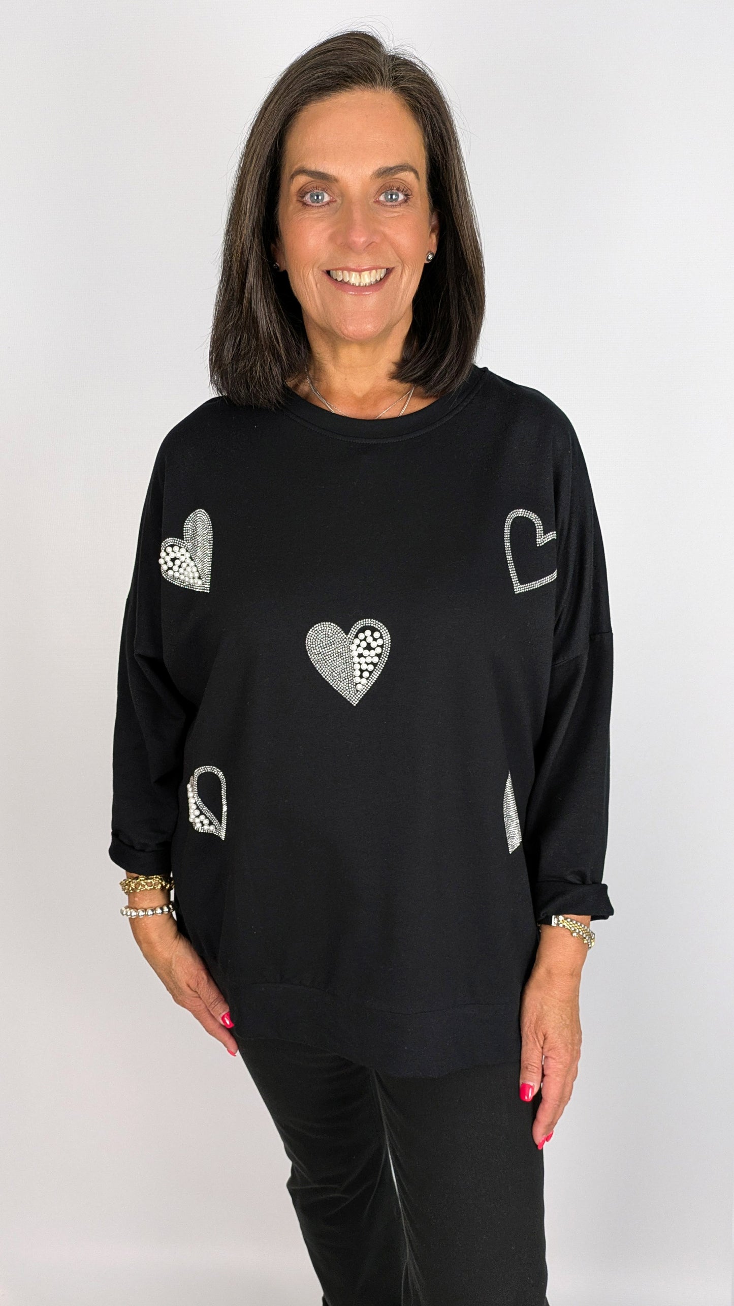 Pearl & diamante hearts LW sweatshirt | 4 Colours
