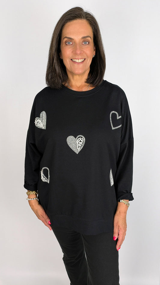 Pearl & diamante hearts LW sweatshirt | 4 Colours