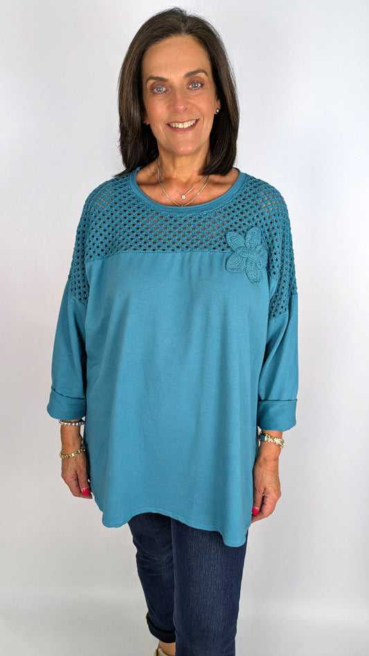Oversized crochet & flower detail LS cotton top | 6 Colours