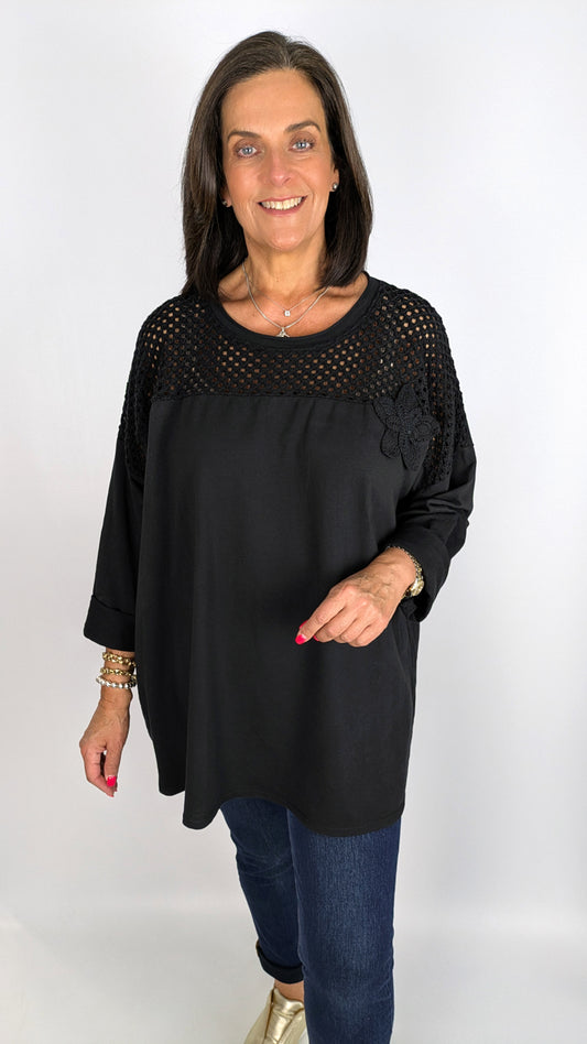 Oversized crochet & flower detail LS cotton top | 6 Colours